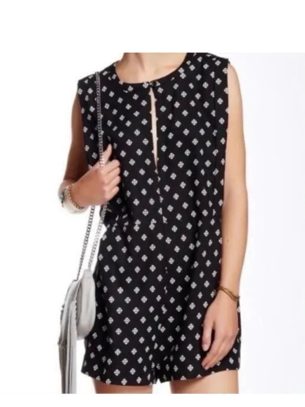 Free People Size XS Black Sleeveless Keyhole Romper w/White Diamond Print